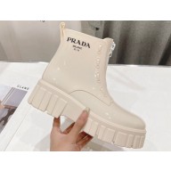 Prada PVC Rubber Rain Ankle Boots Creamy with Zip 2024
