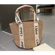 Cheap Sale Chloe Raffia Straw and Leather Lorge Woody basket Tote bag Beige/White 2024