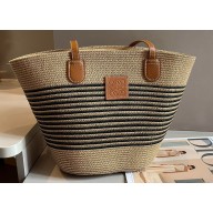 Cheap Sale Loewe Raffia Straw and Leather Logo Tote bag Stripe Beige/Black 2024