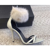 Saint Laurent Heel 10cm Mink Fur Gippy Sandals in Leather White 2024