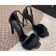 Saint Laurent Heel 9.5cm Mink Fur Bea Sandals Leather Black 2024