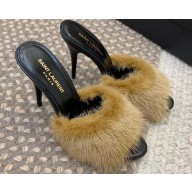 Saint Laurent Heel 9.5cm La 16 Mules in Animal Fur Beige 2024