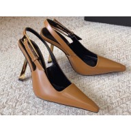 Saint Laurent Heel 11cm lee slingback pumps in glazed leather 763421 Brown 2024