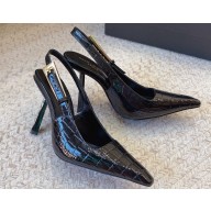 Saint Laurent Heel 11cm lee slingback pumps in crocodile-embossed leather 763421 Black 2024