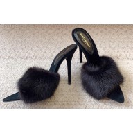 Saint Laurent Heel 10.5cm la 16 mules in animal-free fur and suede black 2024
