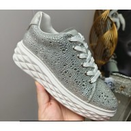 Jimmy Choo Diamond Maxi/F Leather Trainers Sneakers White/Silver with All Over Crystals and Platform Sole 2024
