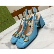 Gucci Heel 2.5cm/5.5cm/7.5cm slingbacks with Horsebit in leather Sky Blue