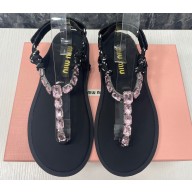 Miu Miu Riviere cord and leather sandals 5Y184E Crystals Black/Pink 2024
