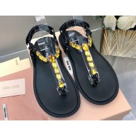 Miu Miu Riviere cord and leather sandals 5Y184E Crystals Black/Yellow 2024