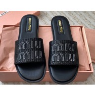 Miu Miu Raffia-effect woven fabric slides 5XX644 Black 2024