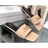 Versace Medusa Buckle Leather Flat Sandals in patent leather Beige 2024