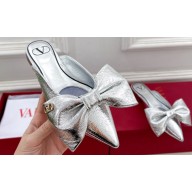 Valentino Un Château Bow Flat Mules Metallic Silver 2024