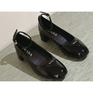 Prada Heel 4cm Patent leather pumps with ankle strap and metal buckle 1I358N Black 2024