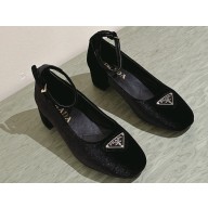 Prada Heel 4cm Velvet pumps with ankle strap and metal buckle 1I358N Black 2024