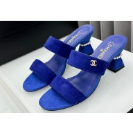 Chanel Kid Suede & Imitation Pearls Mules G45685 Blue 2024