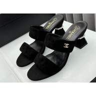 Chanel Kid Suede & Imitation Pearls Mules G45685 Black 2024