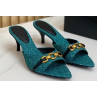 Saint Laurent Heel 4cm le maillon mules with a cable-link chain in Denim Green 2024
