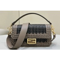 Fendi Medium Baguette Bag Black and Dove Gray interlaced leather and raffia 2024