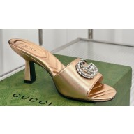 Gucci Heel 7cm Crystal Double G Slides Sandals Gold 2024