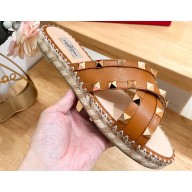 Valentino Grainy Calfskin Double Rockstud Espadrilles Slide Sandals Brown