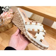 Valentino Grainy Calfskin Double Rockstud Wedge Espadrilles Slide Sandals White