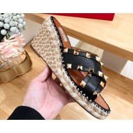 Valentino Grainy Calfskin Double Rockstud Wedge Espadrilles Slide Sandals Black
