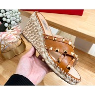 Valentino Grainy Calfskin Double Rockstud Wedge Espadrilles Slide Sandals Brown