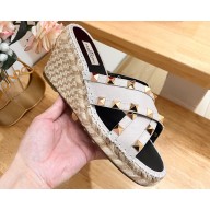 Valentino Grainy Calfskin Double Rockstud Wedge Espadrilles Slide Sandals Creamy