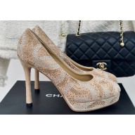 Chanel Heel 10.5cm Platform 2cm Pumps Beige/Crystals CC Logo 2024