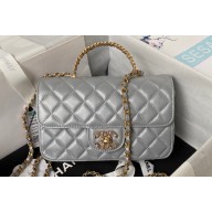 Chanel Lambskin, Strass & Gold-Tone Metal Small Flap Bag with Top Handle AS4362 Gray 2024