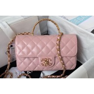 Chanel Lambskin, Strass & Gold-Tone Metal Small Flap Bag with Top Handle AS4362 Pink 2024