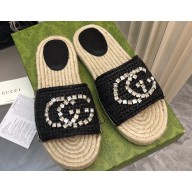 Gucci Women's Interlocking G with crystals espadrilles 780589 in Raffia Black 2024
