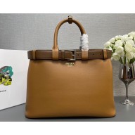Prada Buckle large leather handbag with belt 1BA416 Brown 2024