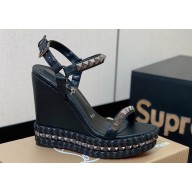 Christian Louboutin Heel 12cm Pyraclou Studded Spike Espadrilles wedge Sandals Black