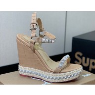 Christian Louboutin Heel 12cm Pyraclou Studded Spike Espadrilles wedge Sandals Croco Pattern Beige