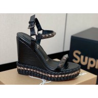 Christian Louboutin Heel 12cm Pyraclou Studded Spike Espadrilles wedge Sandals Python Pattern Black