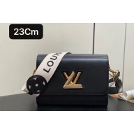 Louis Vuitton Epi leather Twist MM Bag M24765 Black with textile handle and Monogram Flowers 2024