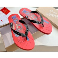 Christian Louboutin PVC Men's Loubi Flip Thong Sandals Print Black/Red