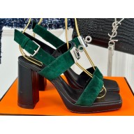 Hermes Heel 9.5cm Platform 2cm Ilona 90 sandals with oversized Kelly buckle in Suede Green 2024