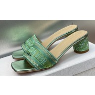 Dior Heel 4.5cm Or Dway Heeled Slides in Green Cotton Embroidered with Metallic Thread and Strass 2024