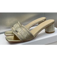 Dior Heel 4.5cm Or Dway Heeled Slides in Beige Cotton Embroidered with Metallic Thread and Strass 2024