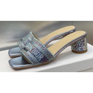 Dior Heel 4.5cm Or Dway Heeled Slides in Blue Cotton Embroidered with Metallic Thread and Strass 2024