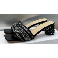 Dior Heel 4.5cm Or Dway Heeled Slides in Black Cotton Embroidered with Metallic Thread and Strass 2024