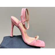 Dior Heel 10cm Diorly Heeled Sandals in Pink Suede Calfskin and White Resin Pearls 2024