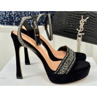 Dior Heel 12cm Platform 3cm Or Dway Heeled Sandals in Black Cotton Embroidered with Thread and Silver-Tone Strass 2024