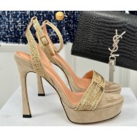 Dior Heel 12cm Platform 3cm Or Dway Heeled Sandals in Beige Cotton Embroidered with Thread and Silver-Tone Strass 2024