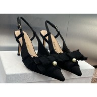 Dior Heel 7cm Adiorable Slingback Pumps in Black Fringed Grosgrain with Bow and Pearl 2024