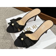 Dior Heel 8cm Adiorable Heeled Slides in Black Fringed Grosgrain with Bow and Pearl 2024