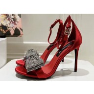 Dolce & Gabbana Heel 10cm Satin Sandals Red with rhinestones Bow and DG logo 2024
