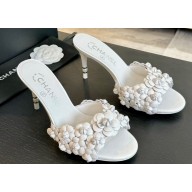 Chanel Pearl Heel 8cm Camellia Mules White 2024